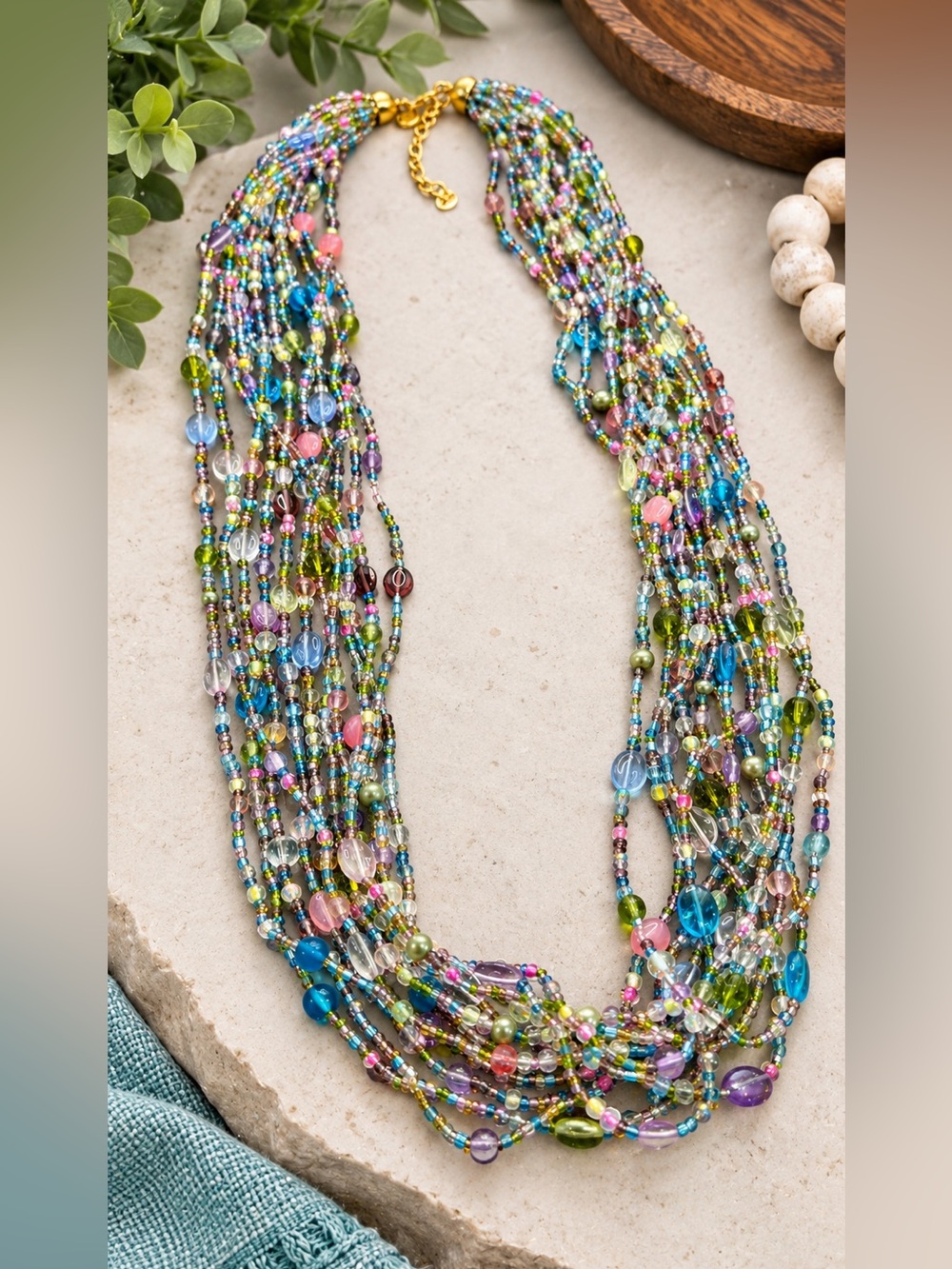 JOAN RIVERS TORSADE COLLECTION PASTEL GLASS BEAD MULTI LAYER NECKLACE STATEMENT